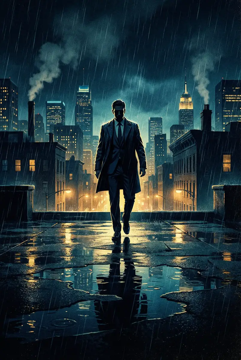 淘宝 确认收货 出品影片《雨夜独行者》海报，雨中城市屋顶男性剪影